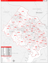Fairfax County, VA Wall Map Zip Code Red Line Style 2024