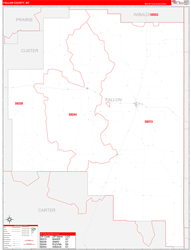 Fallon County, MT Wall Map Zip Code Red Line Style 2023