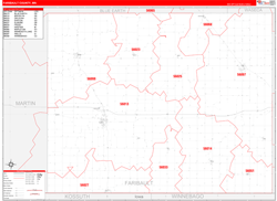 Faribault County, MN Wall Map Zip Code Red Line Style 2024