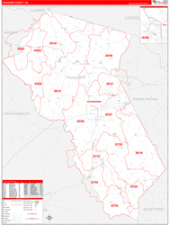 Fauquier County, VA Wall Map Zip Code Red Line Style 2024