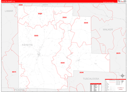 Fayette County, AL Wall Map Zip Code Red Line Style 2024