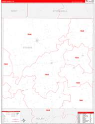 Fisher County, TX Wall Map Zip Code Red Line Style 2024