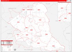 Florence County, SC Wall Map Zip Code Red Line Style 2024