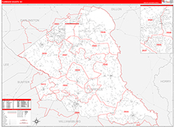 Florence County, SC Wall Map Zip Code Red Line Style 2026
