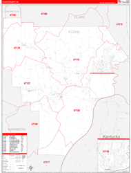 Floyd County, IN Wall Map Zip Code Red Line Style 2024