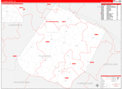 Fluvanna County, VA Wall Map Zip Code Red Line Style 2024