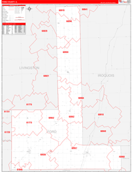 Ford County, IL Wall Map Zip Code Red Line Style 2024