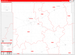 Ford County, KS Wall Map Zip Code Red Line Style 2024