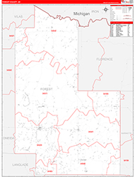 Forest County, WI Wall Map Zip Code Red Line Style 2026