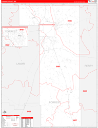 Forrest County, MS Wall Map Zip Code Red Line Style 2024