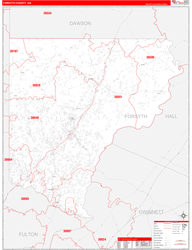 Forsyth County, GA Wall Map Zip Code Red Line Style 2024