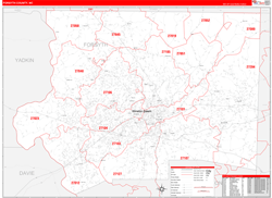 Forsyth County, NC Wall Map Zip Code Red Line Style 2024