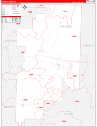 Franklin County, AR Wall Map Zip Code Red Line Style 2024