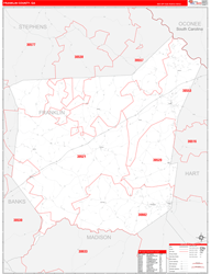 Franklin County, GA Wall Map Zip Code Red Line Style 2024