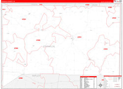 Franklin County, IN Wall Map Zip Code Red Line Style 2024