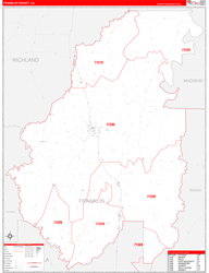FranklinParish (County), LA Wall Map Zip Code Red Line Style 2023
