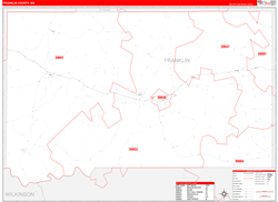 Franklin County, MS Wall Map Zip Code Red Line Style 2024