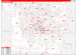 Franklin County, OH Wall Map Zip Code Red Line Style 2024