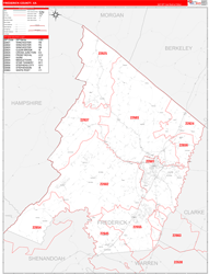 Frederick County, VA Wall Map Zip Code Red Line Style 2024