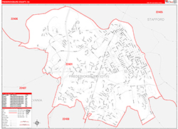 FredericksburgCounty, VA Wall Map Zip Code Red Line Style 2026