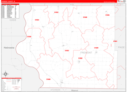 Fremont County, IA Wall Map Zip Code Red Line Style 2024