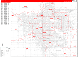 Fresno County, CA Wall Map Zip Code Red Line Style 2024
