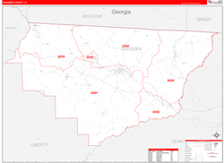 Gadsden County, FL Wall Map Zip Code Red Line Style 2023