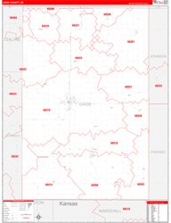 Gage County, NE Wall Map Zip Code Red Line Style 2024