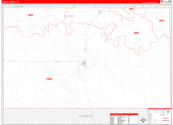 Gaines County, TX Wall Map Zip Code Red Line Style 2024