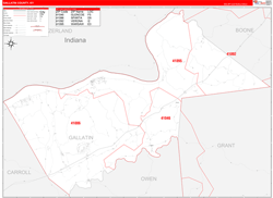 Gallatin County, KY Wall Map Zip Code Red Line Style 2024