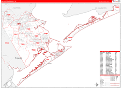 Galveston County, TX Wall Map Zip Code Red Line Style 2024