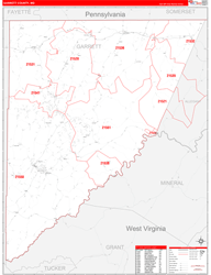 Garrett County, MD Wall Map Zip Code Red Line Style 2024