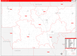 Garvin County, OK Wall Map Zip Code Red Line Style 2024