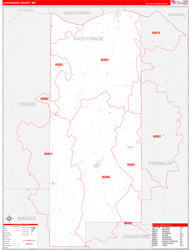 Gasconade County, MO Wall Map Zip Code Red Line Style 2024