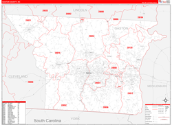 Gaston County, NC Wall Map Zip Code Red Line Style 2024