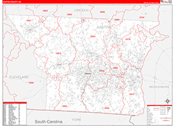 Gaston County, NC Wall Map Zip Code Red Line Style 2026