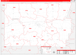 Genesee County, NY Wall Map Zip Code Red Line Style 2024