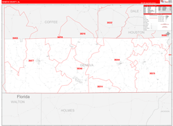 Geneva County, AL Wall Map Zip Code Red Line Style 2024