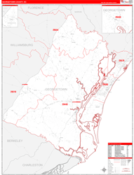Georgetown County, SC Wall Map Zip Code Red Line Style 2024