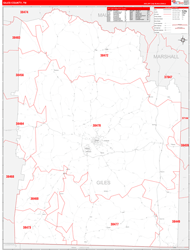 Giles County, TN Wall Map Zip Code Red Line Style 2024