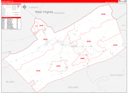 Giles County, VA Wall Map Zip Code Red Line Style 2024