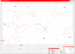 Gillespie County, TX Wall Map Zip Code Red Line Style 2024