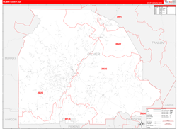 Gilmer County, GA Wall Map Zip Code Red Line Style 2024