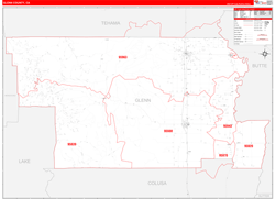 Glenn County, CA Wall Map Zip Code Red Line Style 2024