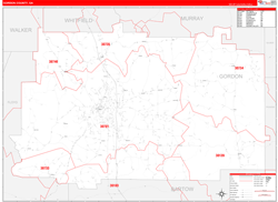 Gordon County, GA Wall Map Zip Code Red Line Style 2024