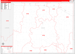 Gove County, KS Wall Map Zip Code Red Line Style 2024