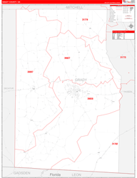 Grady County, GA Wall Map Zip Code Red Line Style 2024