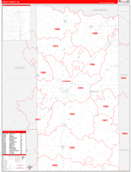 Grady County, OK Wall Map Zip Code Red Line Style 2024
