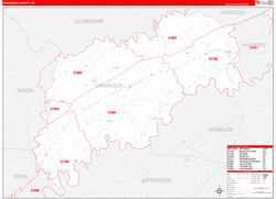 Grainger County, TN Wall Map Zip Code Red Line Style 2024