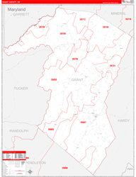 Grant County, WV Wall Map Zip Code Red Line Style 2024